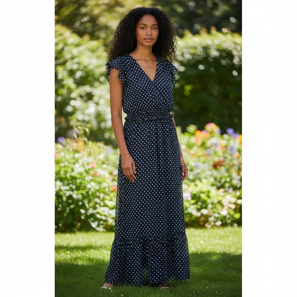 Kate‎ & Lily Navy Polka Dot Ruffle Maxi Dress 90s retro boho sz 16W